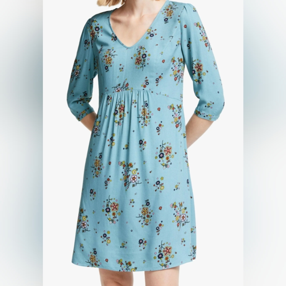 Boden Blue Pleated Midi Sundress with Cuffed Sleeves